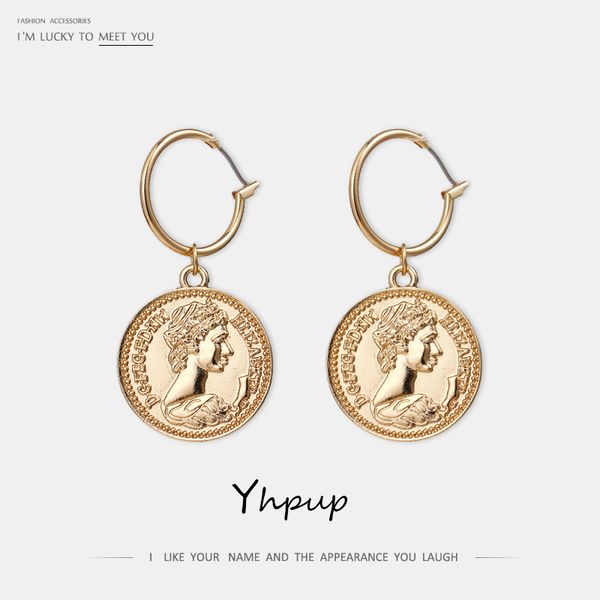 

yhpup trendy vintage medusa zinc alloy coin portrait pendant drop dangle earrings gold ethnic for women women charm jewelry gift, Silver