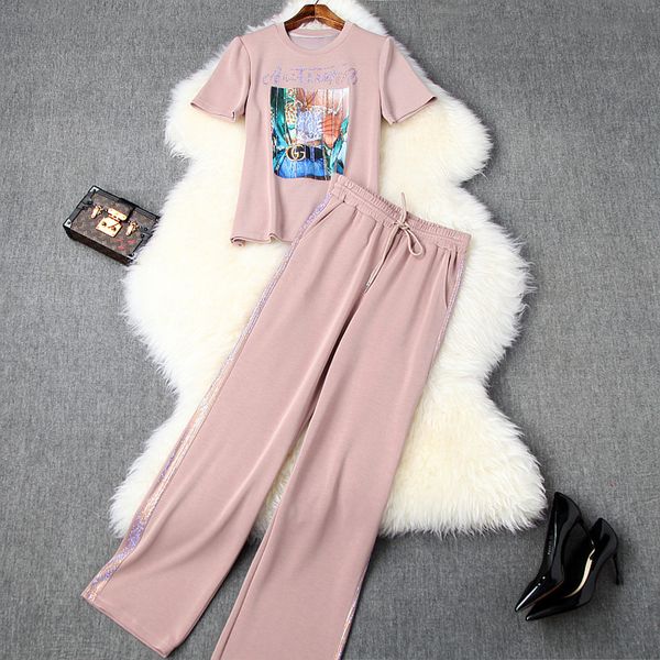 

tracksuit women 2020 summer women's printed short-sleeved t-shirt + elastic waist fix rhinestone wide leg pants casual suit, White