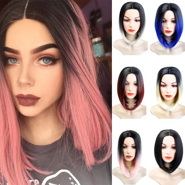 

dianqi 14 inch synthetic short bob wig for women middle part straight hair high temperature wire cosplay hair wigs, Black