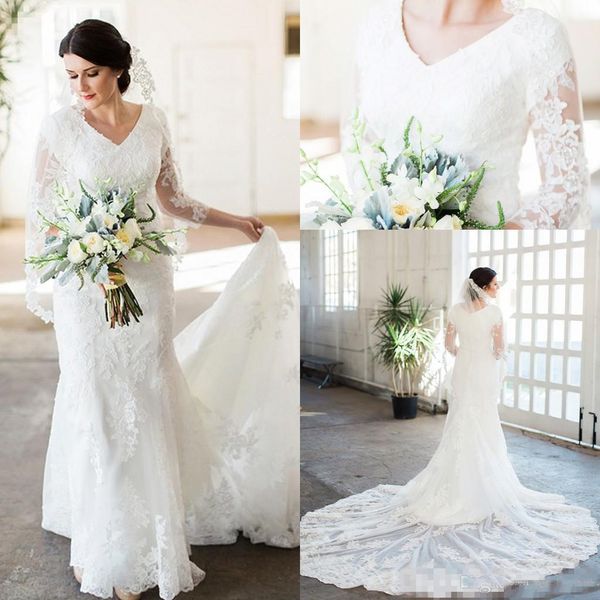 

lace mermaid wedding dresses 2019 with 3/4 sleeves v neck country bridal gowns custom made wedding gowns vintage, White