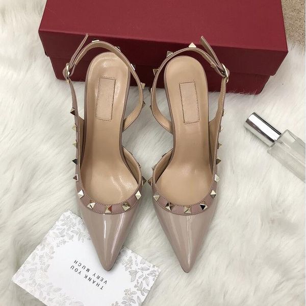 

2020 fashion wedding lady women spikes nude patent leather poined toes high heeled heels stiletto shoes slingback pump