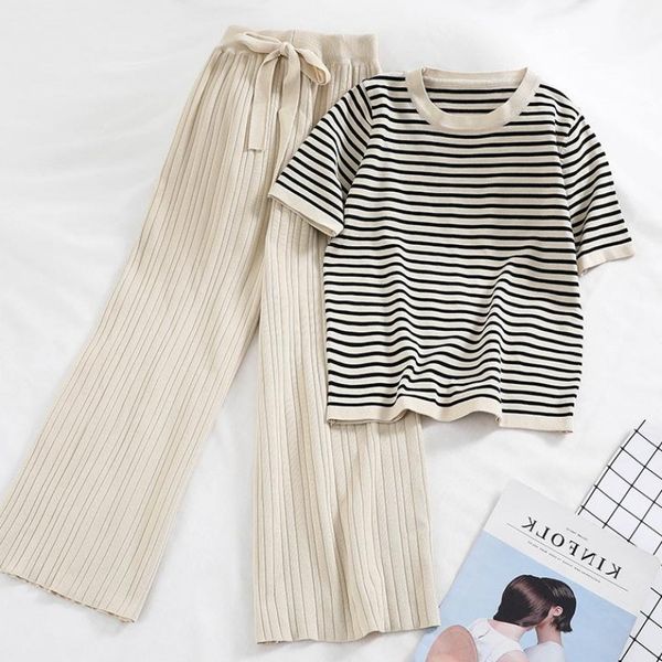 

2019 summer women knitted pants set sweaters 2 piece set short sleeve stripe jumper + wide-leg pants roupas feminina, White