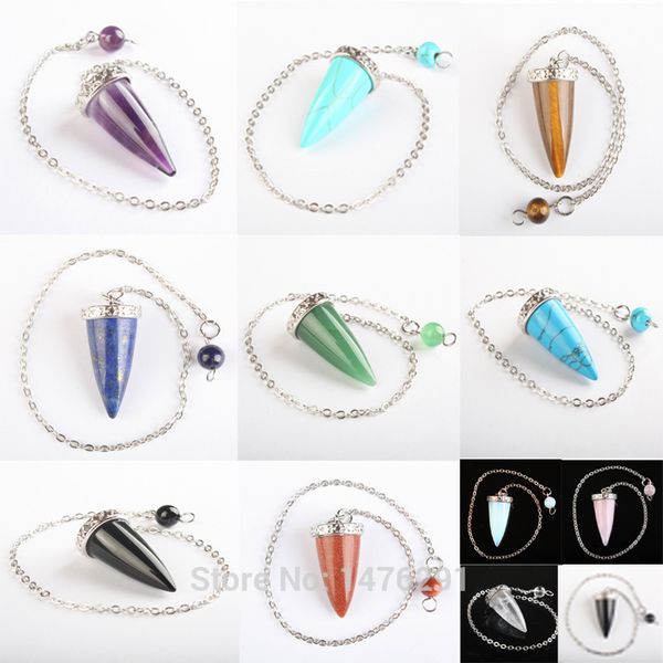 

opal rose pink quartz howlite stone cone silvery metal chain dowsing healing chakra pendulum with chain 1pcs, Silver