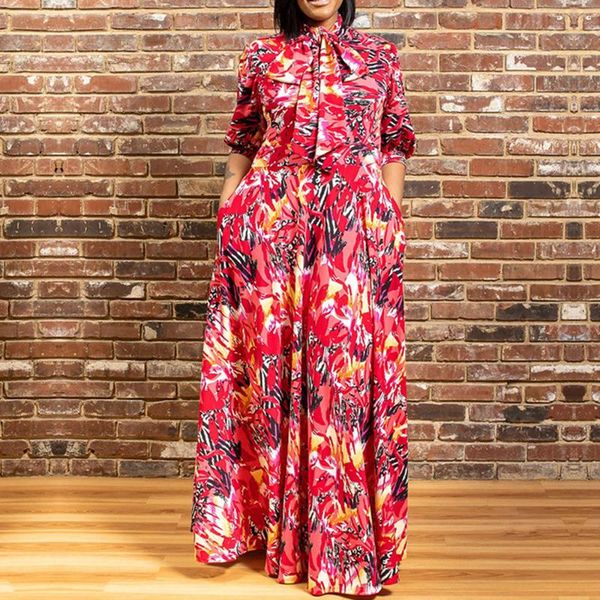 

summer dress women 2020 casual plus size xl-5xl vintage red floral printed bow tie loose office ladies retro long dress african, Black;gray
