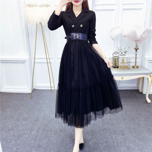 

casual dresses elegant blazer summer spring notched collar long sleeve mesh patchwork dress with belt party vestidos, Black;gray