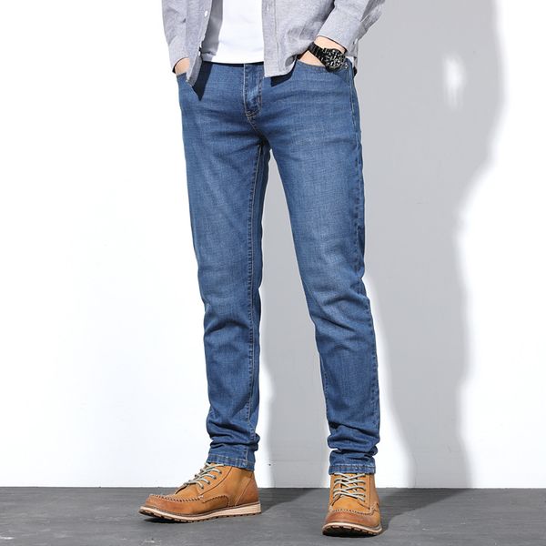 

fashion stretch denim pants solid slim fit men casual denim pants male pencil jeans straight trouser big large plus size 46 48, Blue