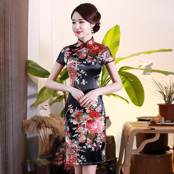 

slim elegant print flower women short cheongsam high split chinese traditional dress plus size rayon qipao vestidos s-6xl, Red