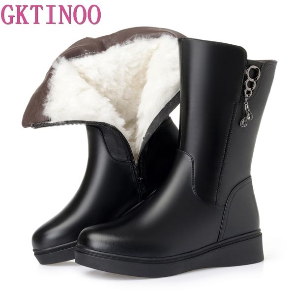 

gktinoo new winter mid-calf women boots flats heels warm wool leather snow boots knee high large size 35-43, Black