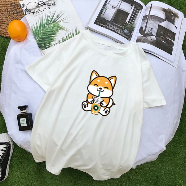 

harajuku tshirt women causal kawaii funny shiba t shirt cotton short sleeve tee shirt streetwear loose korean clothes, White