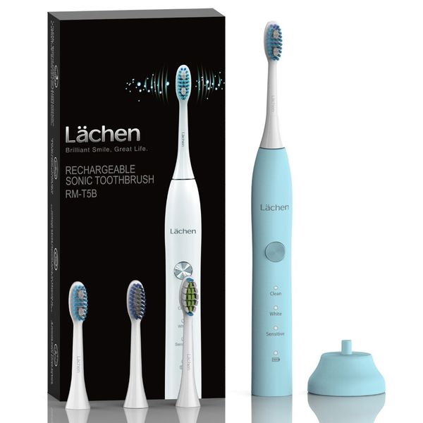 

lachen t5 sonic power electric toothbrush usb rechargeable 3 modes clean/white/sensitive 30s timer waterproof ipx7 with 4 heads