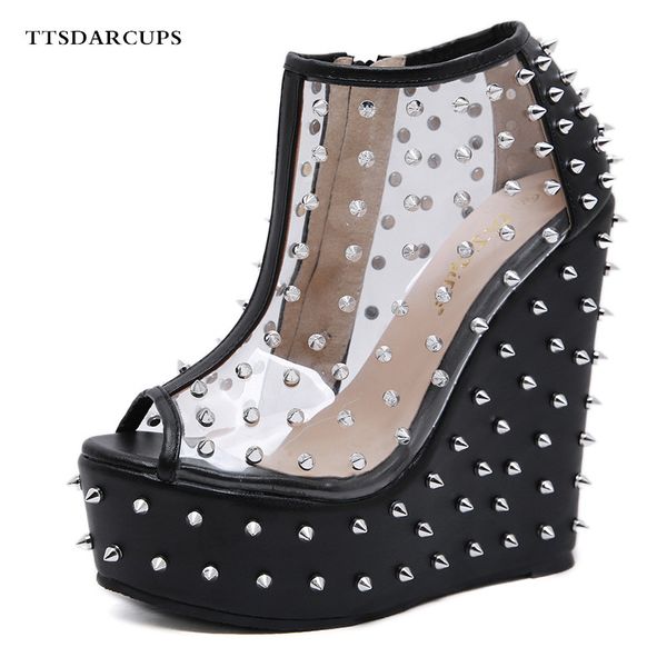 

ttsdarcups new high heel thick bottom waterproof platform thick bottom cool boots transparent rivet shoes woman plus size 35-40, Black