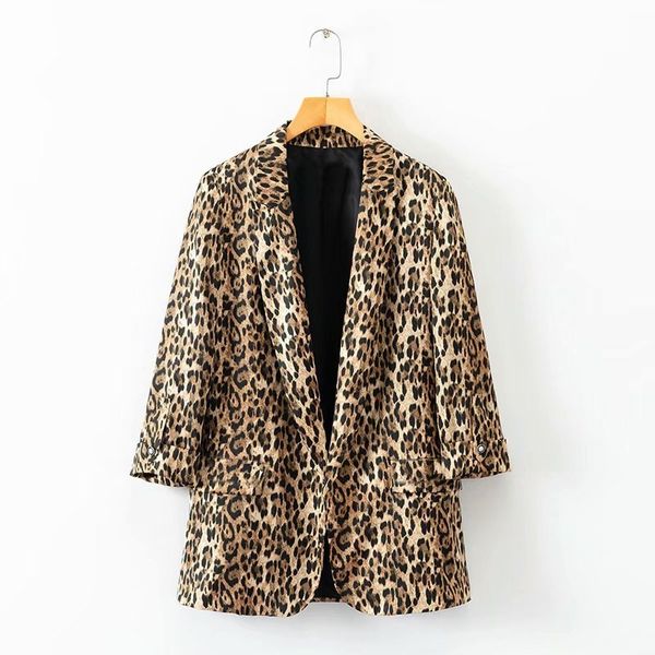 

2019 woman leopard print club jacket roll up cuff open stitching casual coat female fashion notched collar outerwear, Black;brown