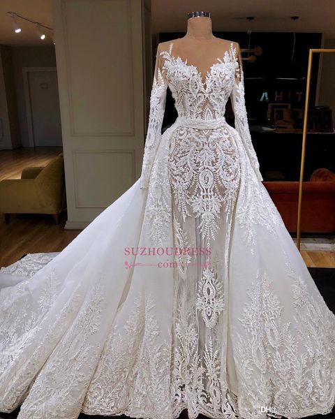Vestido de casamento de sereia de luva luxo com trem destacável Dubai árabe laço apliques vestidos de noiva feitos