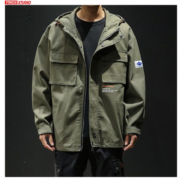 

dropshipping male hooded coats men japanese streetwear solid cargo outdoor jacket 2019 mens overalls casual pocket, Black;brown