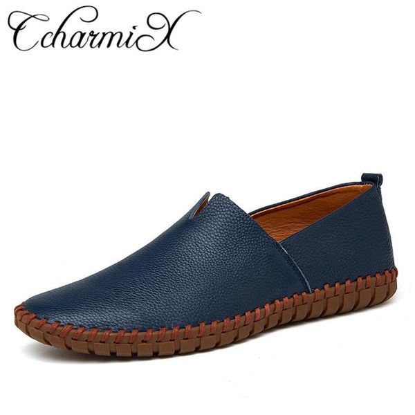 

ccharmix genuine cow leather mens loafers fashion handmade moccasins soft leather blue slip on men's boat shoe plus size, Black