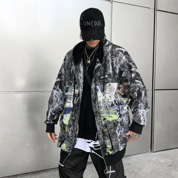 

mens jackets and coats hooded print loose hip hop windbreaker, Black;brown