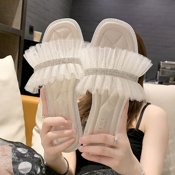 

flat shoes female slippers casual loafers slipers women summer woman low glitter slides 2020 beach jelly crystal, Black