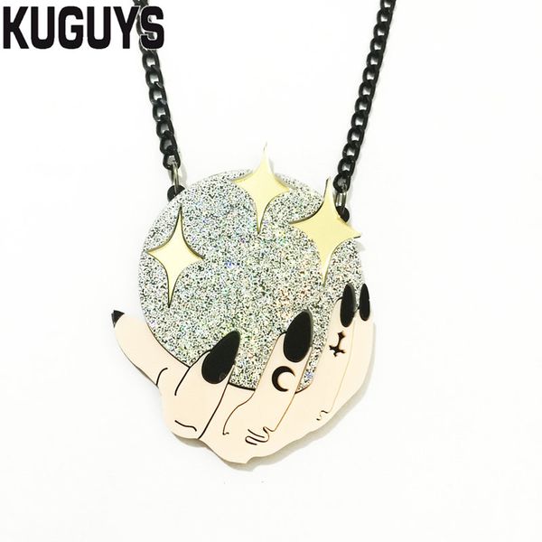 

kuguys fashion acrylic jewelry custom women acryl dazzle colour ball pendant necklace for womens black link chain hiphop rock necklaces, Silver