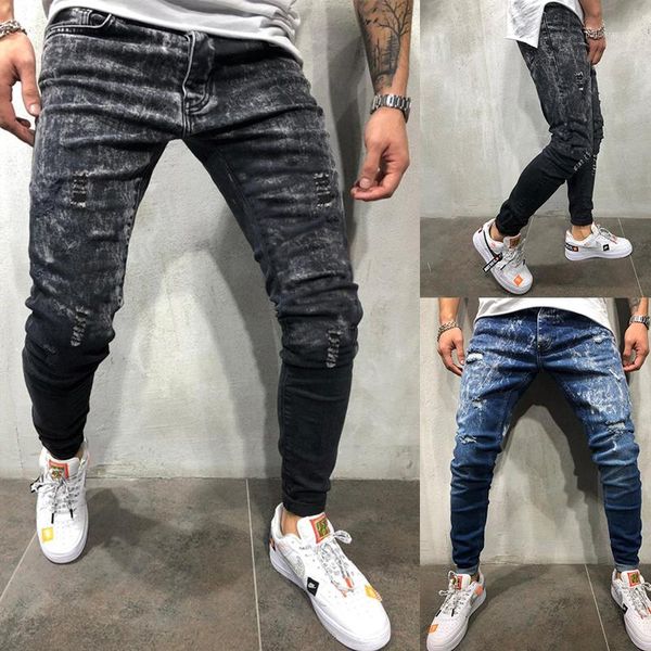 

male jeans mens designer hole gradient jeans skinny solid color fashion pencil pants, Blue