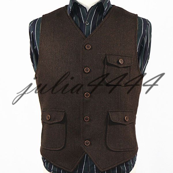 Terno Brasão Vest Vestido 2019 Dark Brown Groom Coletes País Lã casamento Herringbone Tweed Vest Slim Fit de Homens Vestido Colete Farm