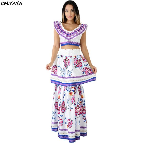 

summer women floral print england style v-neck cascading ruffle maxi skirts suit vintage 2pcs set outfit tracksuit cy8034, White
