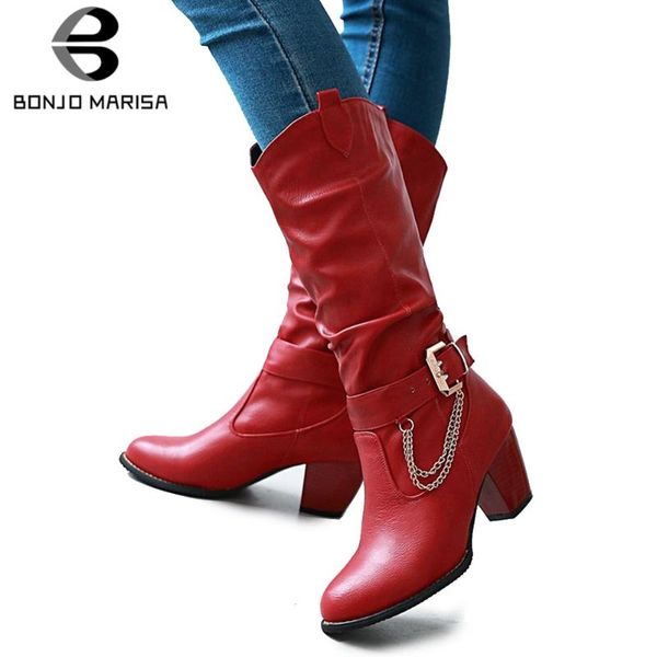 

bonjomarisa new spring plus sizes 33-47 customized women's boots fashion high heels shoes woman pleated mid-calf boots, Black