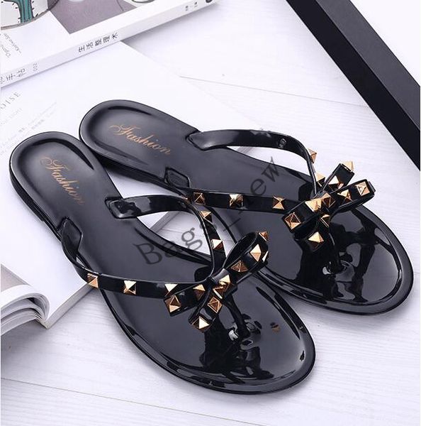 

summer holiday rivet bowknot flip flops girls beach slides women sandals slip on flat jelly shoes women studs slippers ing, Black