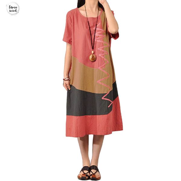 

5xl 4xl summer dress plus size womens clothing cotton vintage contrast o neck short sleeve short sleeve mid calf casual, Black;gray