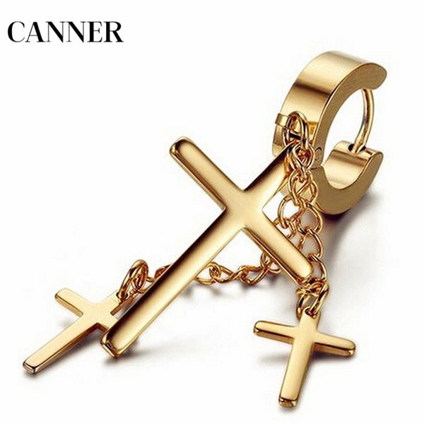 

canner 1pc cross pendant circle stud earrings gothic stainless steel punk link tassel earrings for women men jewelry, Golden;silver