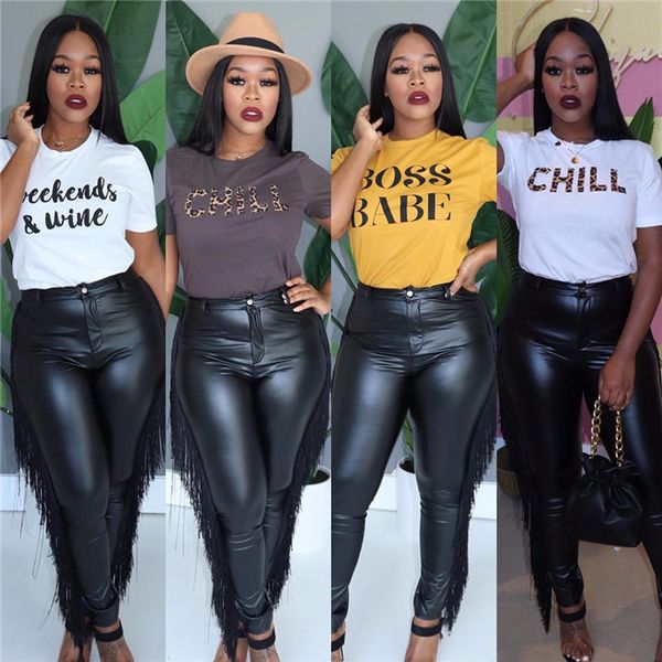 

womens black tassel leather pants ladies skinny slim fringed high stretch trousers spring fashion solid color females pencil capris, Black;white