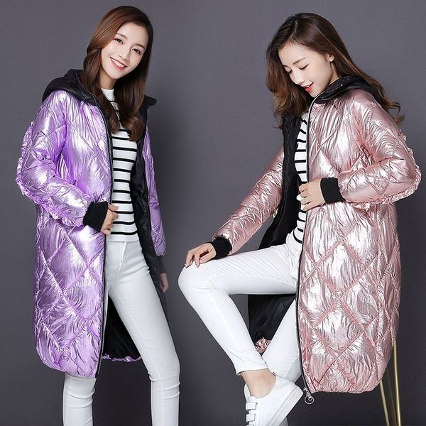 

fashion metal golden silver bright hooded jacket coat women's winter warm cotton padded long parkas new bomber streetwear parka y190926, Black;white