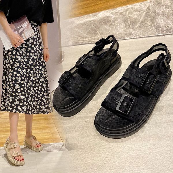

fashion womens shoes 2020 sandals with laces med suit female beige buckle strap wedge all-match summer heels espadrilles, Black