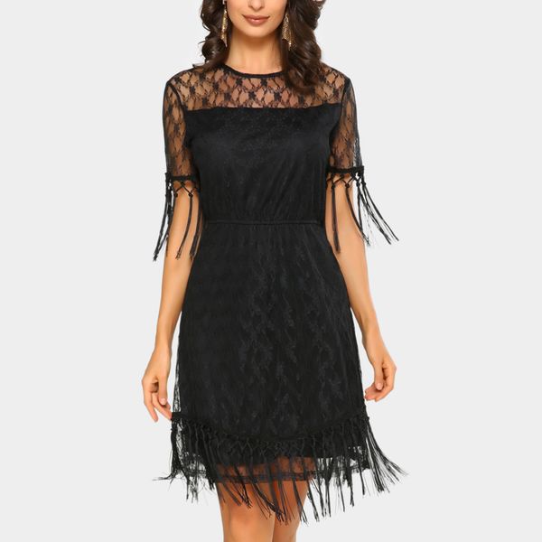 

women mini lace dress sheer lace splice o-neck short sleeves tassel dress solid elegant party club dresses black vestido, Black;gray