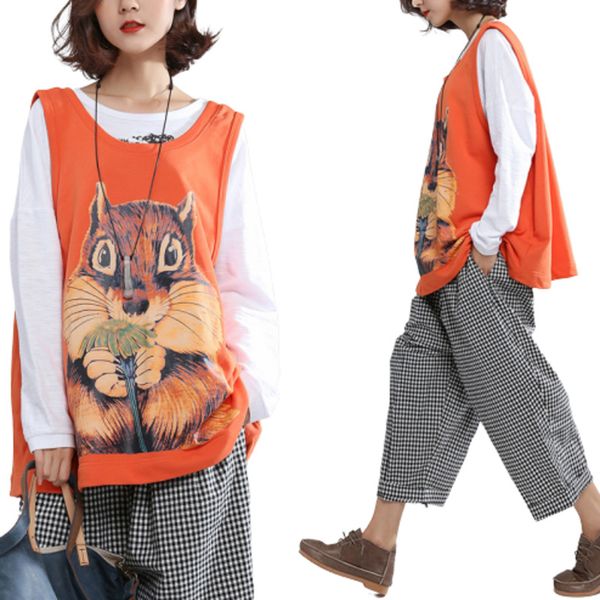 

2020 artistic pure cotton comfortable squirrel printed vest tshirt women fashion large size vest summer kawaii cute, White