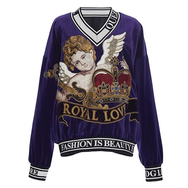 

runway designer luxury women blue velet sweaters pullovers angel baby embroidery female v-neck knit jumper 2019 winter, White;black