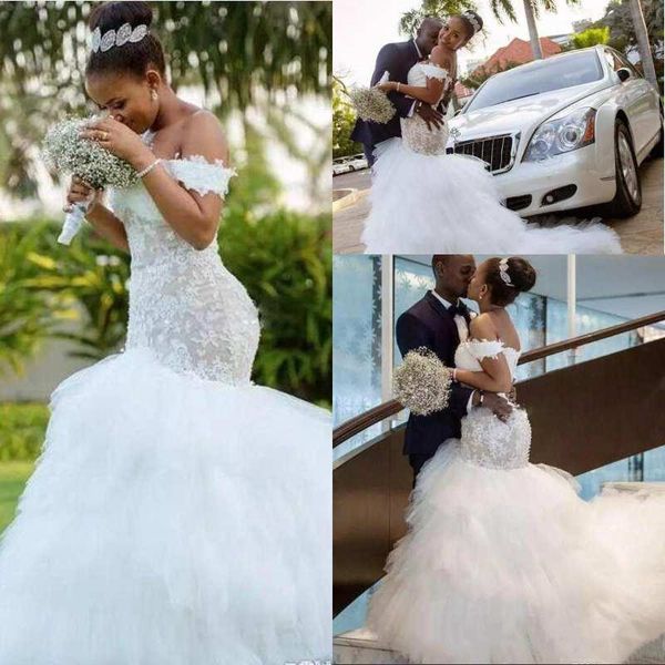 

lace mermaid wedding dresses off shoulder layered ruffles sweep train boho wedding bridal gowns south african robes de mariÃ©e, White