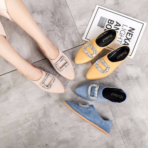 

autumn casual woman platform shoes pointed toe buckle dress flats women slip-on crystal fall slip on rhinestone lace-up mules, Black