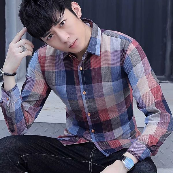 

mens casual long sleeves plaid shirt lapel collar loose button down blouse, White;black