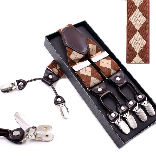 

2019 new 6-clip men's elastic adjustable straps elastic adjustable jacquard plaid strap high-quality garter, Black;white