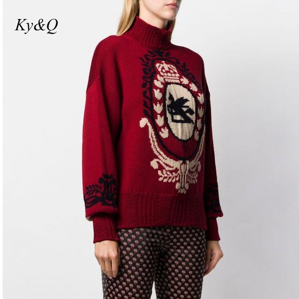 

brand fashion runway 2019 autumn winter red badge pattern jacquard long sleeve half high collar pullover sweater women clothes, White;black
