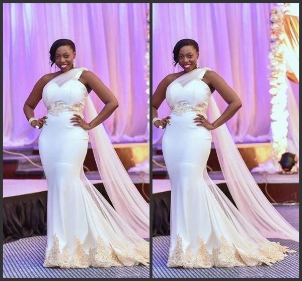 

elegant south african one shoulder wedding dresses mermaid bridal gowns gold lace appliques watteau bridal vestidos de noiva, White
