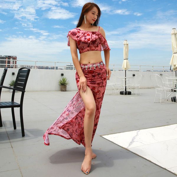 

2pcs/set flower oriental eastern belly dance shirt costumes for women bellydance dancing clothes dancer wear, Black;red