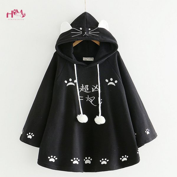 

fashion women kawaii cat ear sweatshirt japanese cute paws girls casual outerwear harajuku cloak fleece loose hooded hoodies, Black