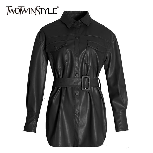 

twotwinstyle pu leather women's jacket lapel collar long sleeve pocket sashes female 2019 autumn large size fashion new tide, Black;brown