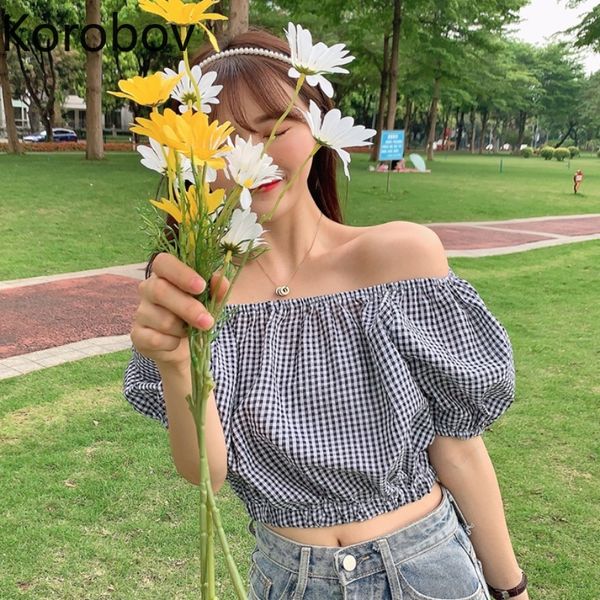 

korobov 2020 summer new arrival women slash neck blouses vintage puff sleeve lacing bow korean shirts sweet chic crop top, White