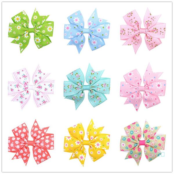 

ins baby lovely bow hairpin daisy sunflower dot printed grosgrain ribbon hair clip girls kids barrettes boutique headwear accessories c82002, Slivery;white