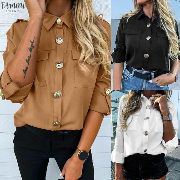 

женские топы и блузки с длинным рукавом повседневные пуговицы женские простые ol офисные блузки топы blusas mujer de moda 2020 b20, White