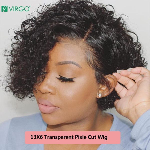 

virgo 13x6 hd transparent lace wig curly bob lace front human hair wigs for women pre plucked short bob wig pixie cut, Black;brown