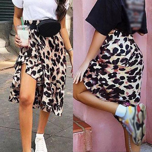

fashion women a-line skirts leopard print ruffle splice irregular high waist skirts elegant ladies streetwear 2020, Black