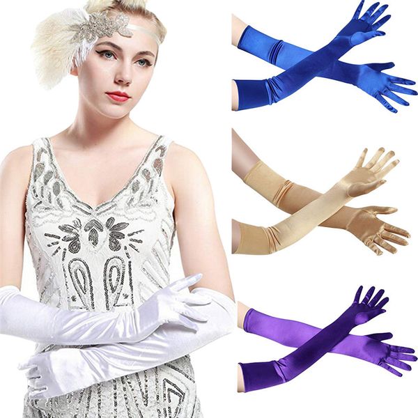 

vogue women satin long gloves opera ball evening party prom costume glove female solid, Blue;gray